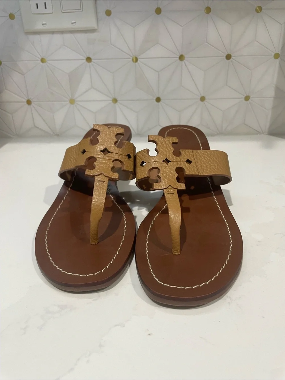 Tory Burch Tan Leather Miller Thong Sandals